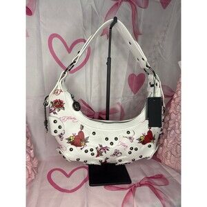 Ed Hardy White Shoulder Bag- Studs Heart and rose Tattoo Print Handbag